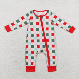 LR1197 Baby boys red green checked BAMBOO zipper romper