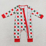 LR1197 Baby boys red green checked BAMBOO zipper romper