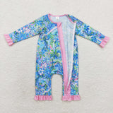 LR1339 Baby girls purple bamboo floral zipper romper