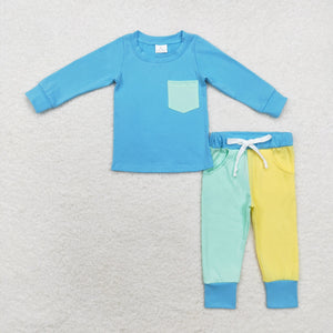 BLP0596 long sleeve cotton blue /green/yellow boy outfits