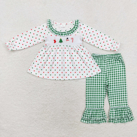 GLP1395 Christmas long sleeve embroidery Snowman green plaid girls outfits