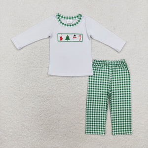 BLP0603 Christmas long sleeve embroidery snowman green plaid boy outfits