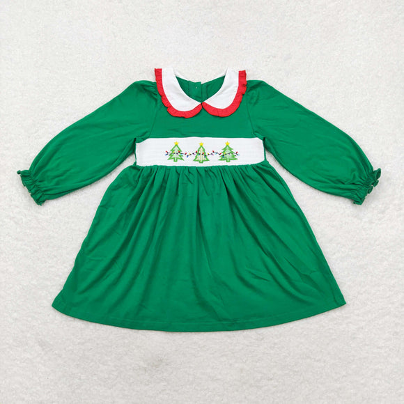 GLD0559 Christmas embroidery  tree long sleeves green girls dress