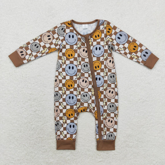 Long sleeves smile plaid baby kids zipper romper