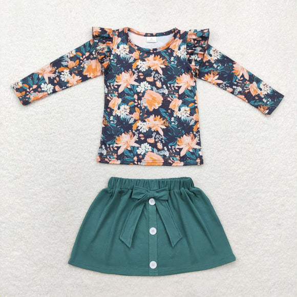 GLD0590 Fall floral long sleeve green girls outfits