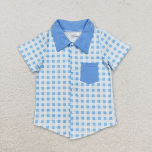 BT0806 toddler boy clothes blue gingham boy summer top t-shirt