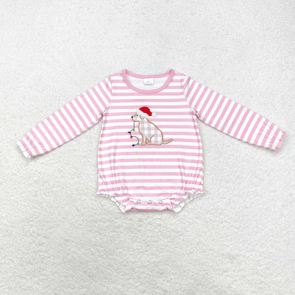 LR1306  long sleeve Christmas embroidery dog pink romper