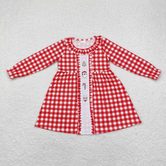 GLD0634 long sleeve embroidery Santa red plaid  girls dress