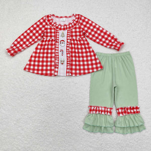 GLP1439 long sleeve Christmas embroidery Santa red plaid girls outfits