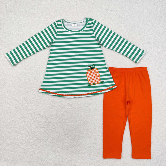 Green stripe embroidery pumpkin tunic leggings girls fall clothing