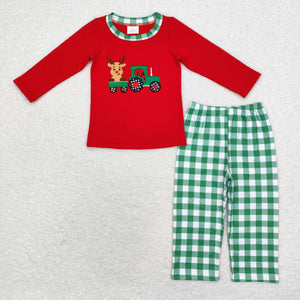 BLP0611 long sleeve Christmas embroidery deer green plaid boy outfits