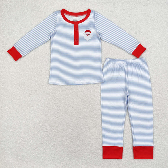 BLP0677--long sleeve Christmas embroidery Santa blue  pajamas