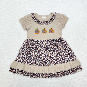 GSD1347 short sleeves embroidery pumpkin fall leopard girls dress