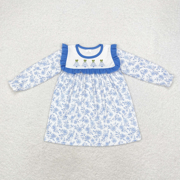 GLD0673 long sleeve Christmas tree blue girls dress