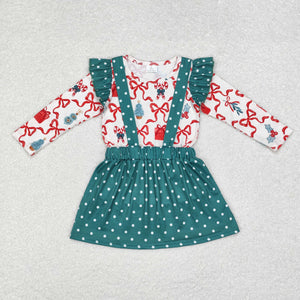 GLD0617 long sleeve Christmas bow +green dot skirt outfits