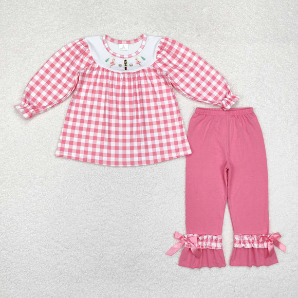 GLP1306 long sleeve embroidery Christmas cartoon pink plaid girl clothing