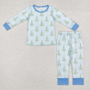 BLP0639--Christmas tree blue long sleeve bamboo pajamas