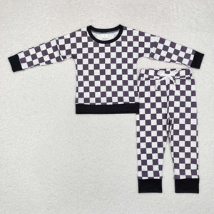 BLP0786  long sleeve Black checkerboard boy pajamas