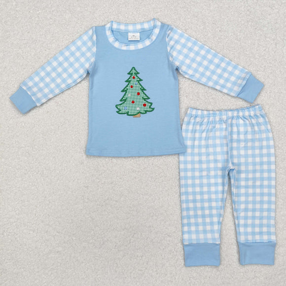 BLP0749 long sleeve Christmas embroidery tree blue boys pajamas