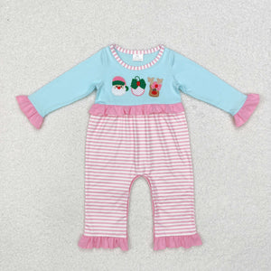 LR1476  long sleeves Christmas embroidery Santa blue pink striped romper