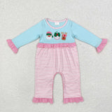 LR1476  long sleeves Christmas embroidery Santa blue pink striped romper