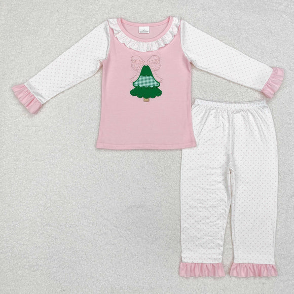 GLP1628 long sleeve Christmas embroidery tree girls pajamas