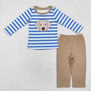 BLP0478 Long sleeves embroidery dog striped top with pants boy outfits