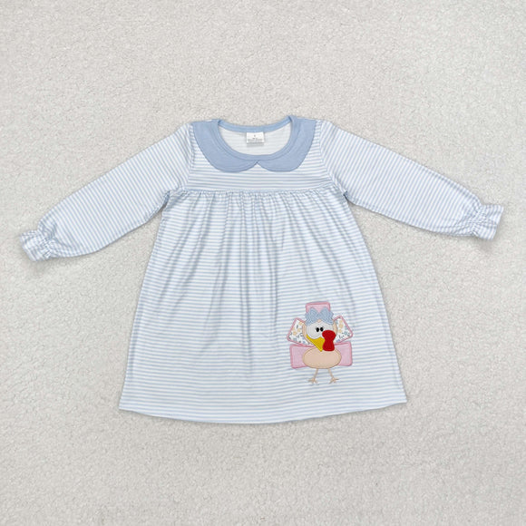 GLD0603  long sleeve thanksgiving embroidery turkey blue girls dress