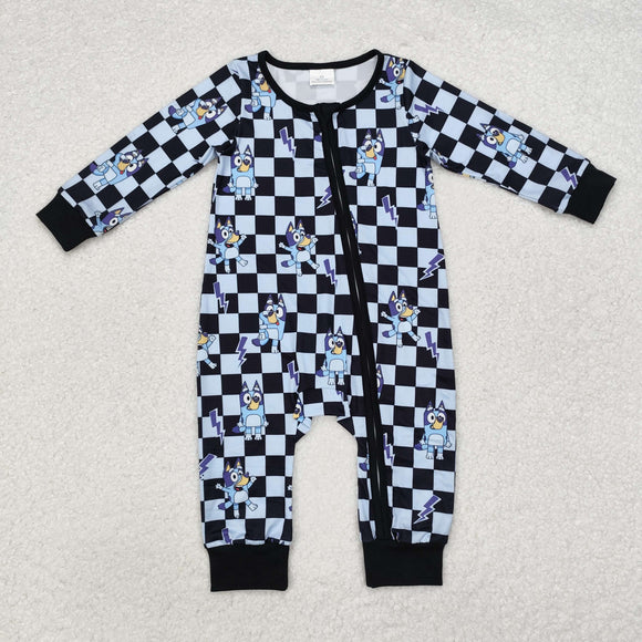 LR1910 long sleeve blue dog checkerboard girl zip sleeper