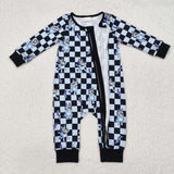 LR1910 long sleeve blue dog checkerboard girl zip sleeper