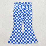 P0610  baby girl clothes blue gingham girl bell bottoms pant jeans