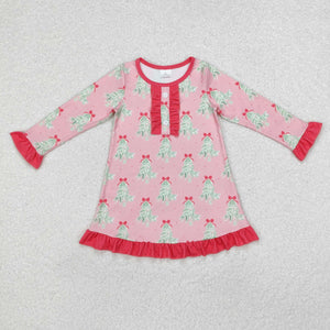 GLD0636  long sleeve Christmas tree pink girls dress