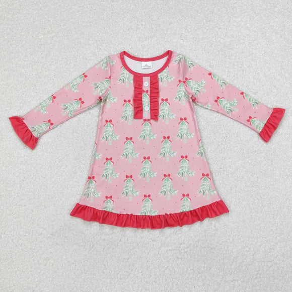 GLD0636  long sleeve Christmas tree pink girls dress