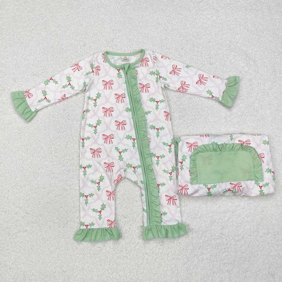 LR1344 Baby girls Christmas green bamboo zipper romper