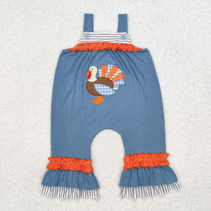 SR1952 Halloween Thanksgiving embroidery turkey blue girls romper