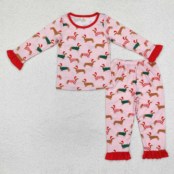 GLP1244Long sleeves  Christmas dog pink bamboo girls pajamas