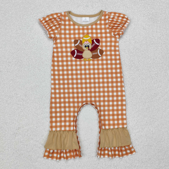 SR1886  Thanksgiving embroidery turkey plaid girls romper