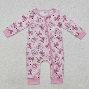 LR1608 long sleeves pink bow bamboo zip sleeper