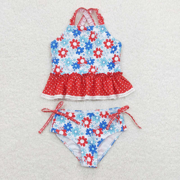 S0253---Red blue flower polka dots girls 4th of july swimsuit