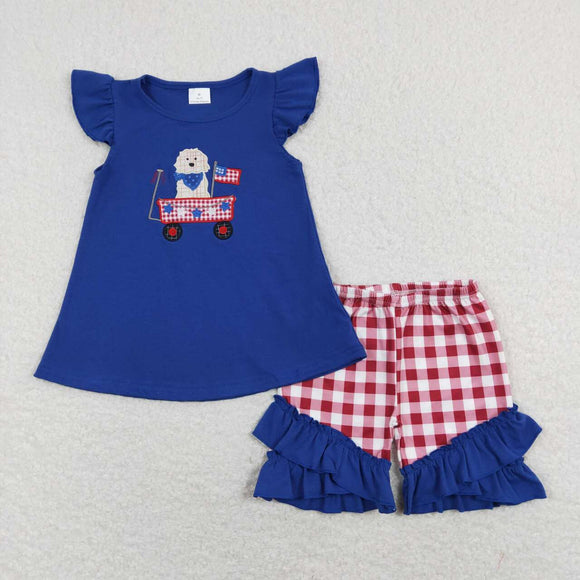 GSSO0460--4th of July dog blue embroidery girls outfits