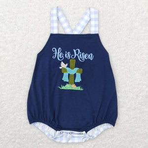 SR0565--pre order embroidered he is risen navy boy bubble