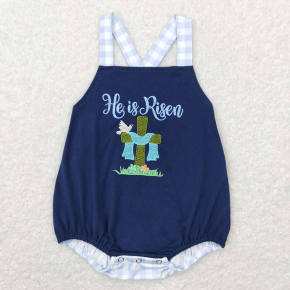 SR0565--pre embroidered he is risen navy boy bubble