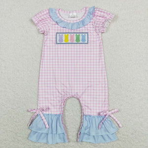 SR0689-- short sleeve embroidery rabbit pink plaid girls romper