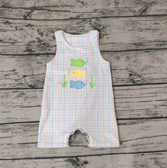 Embroidery Sleeveless plaid fish baby boy summer romper