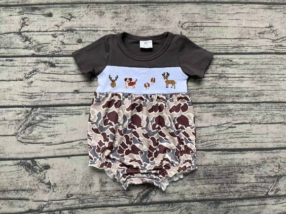Embroidery Short sleeves deer dog camo baby girls romper
