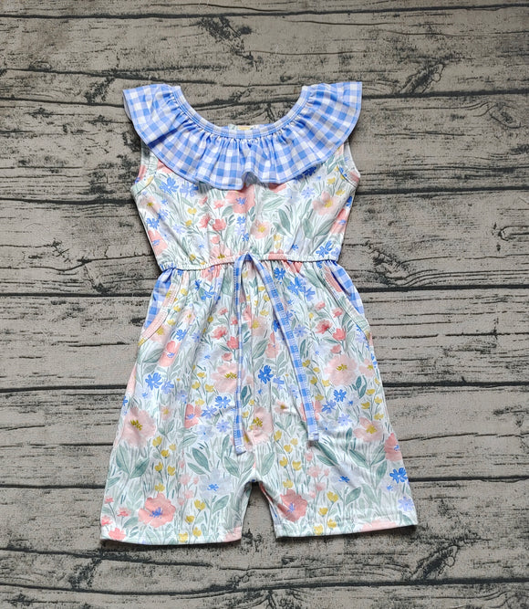 Blue plaid floral pockets baby girls jumpsuit