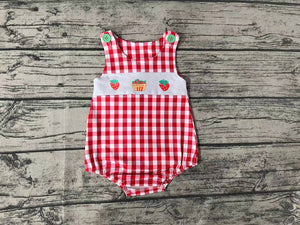 embroidery Red sleeveless plaid strawberry cup cake baby boy romper