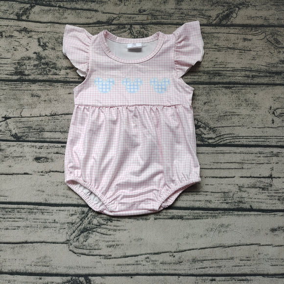 Pink plaid flutter sleeves mouse baby girls romper