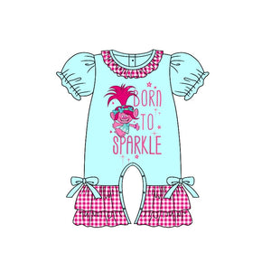 Short sleeves plaid ruffle sparkle baby girls romper