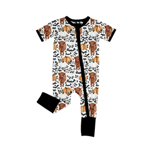 Pumpkin bat highland cow boy Halloween zipper romper